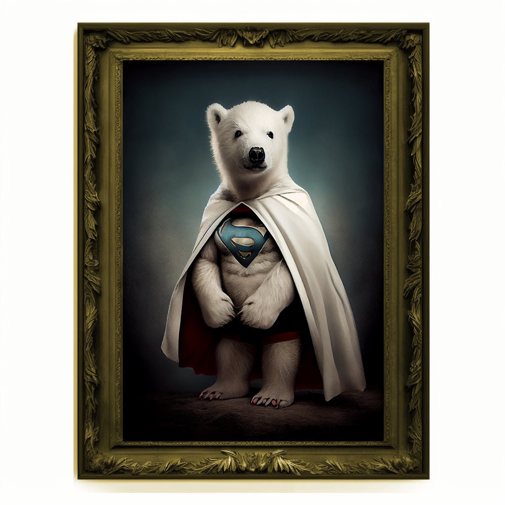 Superhero Polar Bear Cub Portrait, Animal Painting, Altered Art, Bar Room Poster, Regal Vintage Artwork, Unique Art Prints, Funny Gift