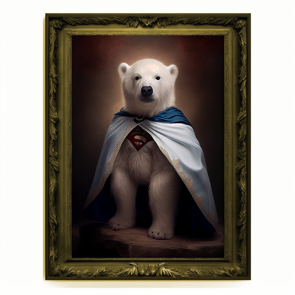 Superhero Polar Bear Cub Portrait, Animal Painting, Altered Art, Bar Room Poster, Regal Vintage Artwork, Unique Art Prints, Funny Gift