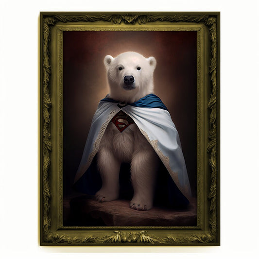Superhero Polar Bear Cub Portrait, Animal Painting, Altered Art, Bar Room Poster, Regal Vintage Artwork, Unique Art Prints, Funny Gift