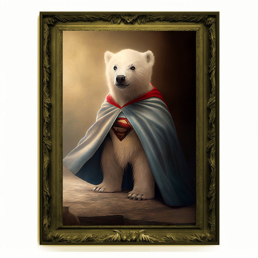 Superhero Polar Bear Cub Portrait, Animal Painting, Altered Art, Bar Room Poster, Regal Vintage Artwork, Unique Art Prints, Funny Gift