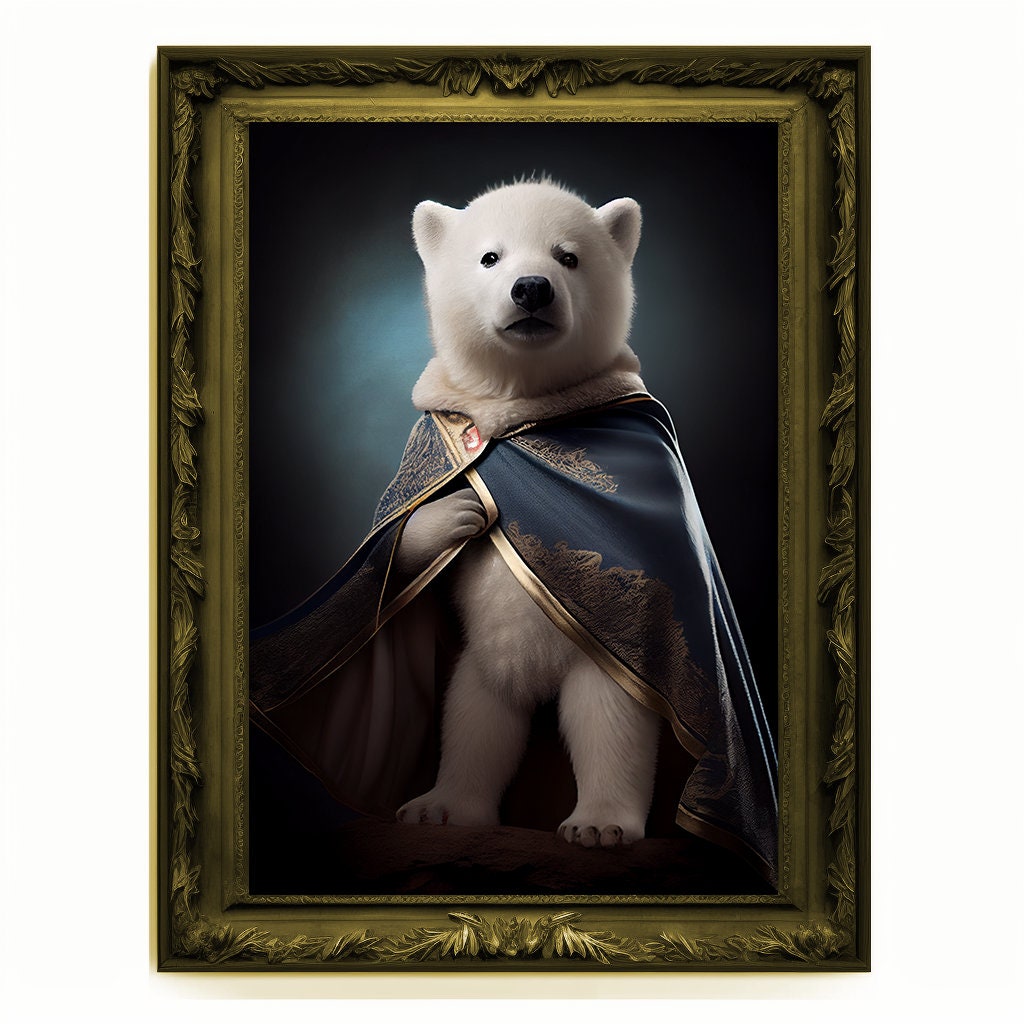 Superhero Polar Bear Cub Portrait, Animal Painting, Altered Art, Bar Room Poster, Regal Vintage Artwork, Unique Art Prints, Funny Gift