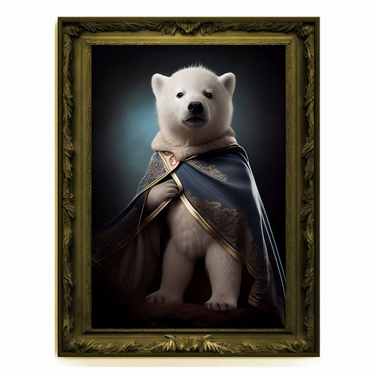 Superhero Polar Bear Cub Portrait, Animal Painting, Altered Art, Bar Room Poster, Regal Vintage Artwork, Unique Art Prints, Funny Gift