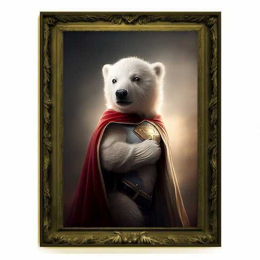 Superhero Polar Bear Cub Portrait, Animal Painting, Altered Art, Bar Room Poster, Regal Vintage Artwork, Unique Art Prints, Funny Gift
