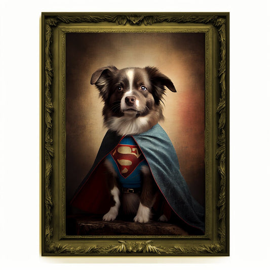Superhero Puppy Dog Cub Portrait, Animal Painting, Altered Art, Bar Room Poster, Regal Vintage Artwork, Unique Art Prints, Funny Gift