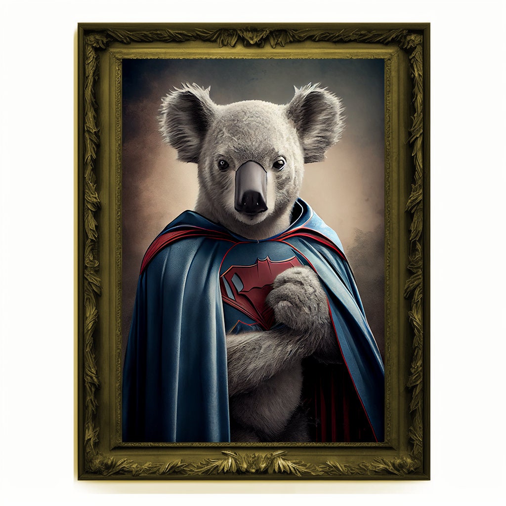 Superhero Koala Bear Portrait, Animal Painting, Altered Art, Bar Room Poster, Regal Vintage Artwork, Unique Art Prints, Funny Gift