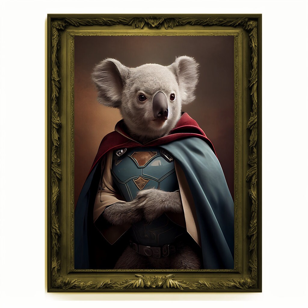 Superhero Koala Bear Portrait, Animal Painting, Altered Art, Bar Room Poster, Regal Vintage Artwork, Unique Art Prints, Funny Gift