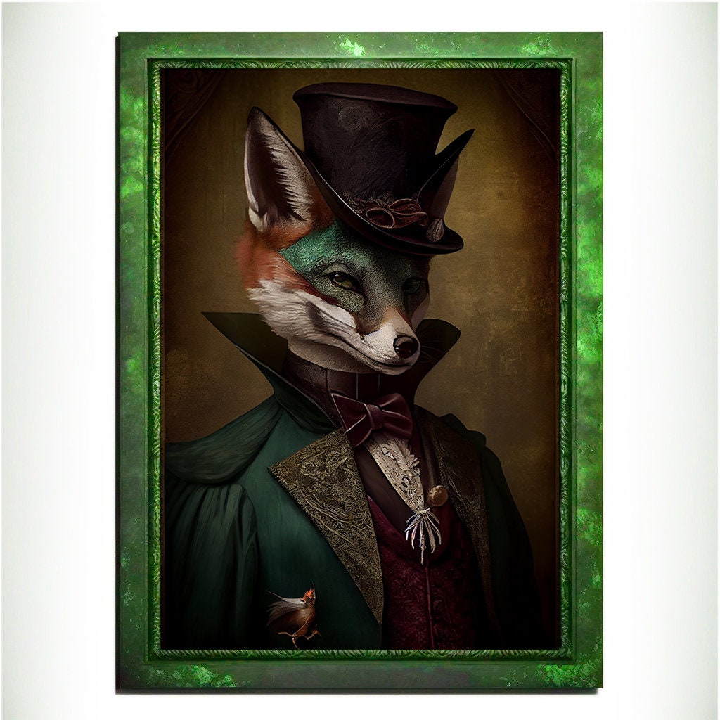 Green Fox Wall Art Print, Green Animal Lover Vintage Regal Art Poster. Victorian Fox Portrait Royal Painting Talented Fox Bar Art Pet Gift - Wall Art Poster Print