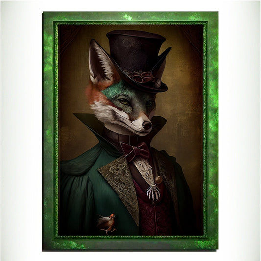 Green Fox Wall Art Print, Green Animal Lover Vintage Regal Art Poster. Victorian Fox Portrait Royal Painting Talented Fox Bar Art Pet Gift - Wall Art Poster Print