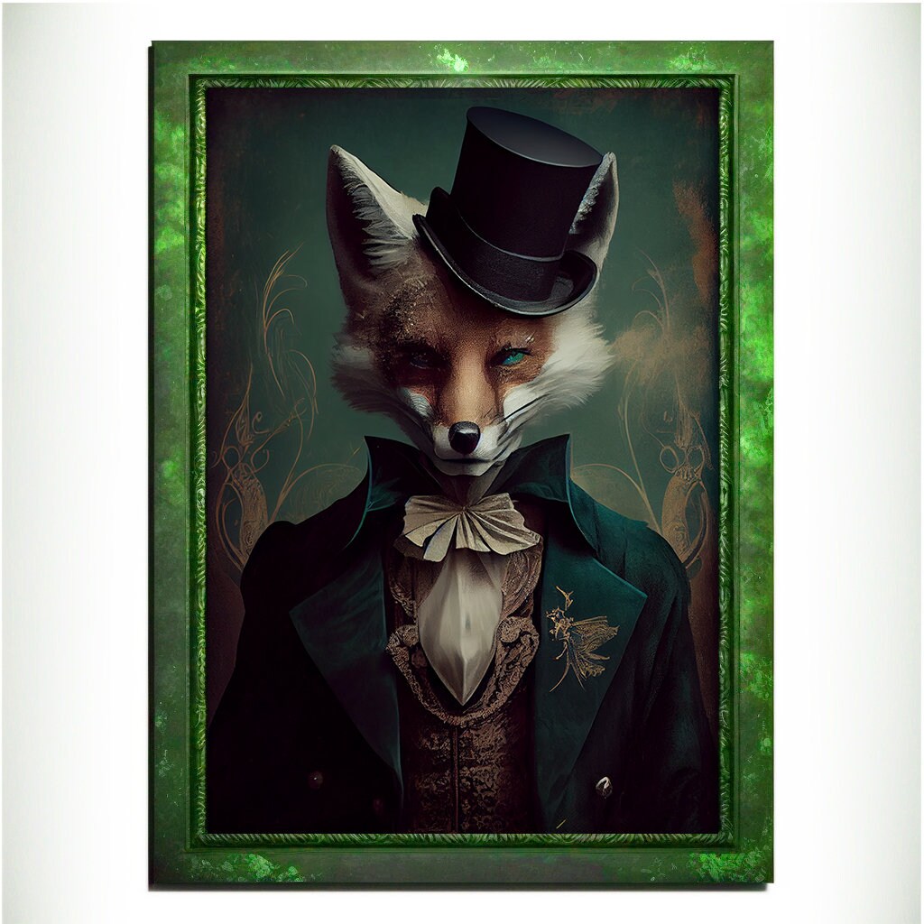 Green Fox Wall Art Print, Green Animal Lover Vintage Regal Art Poster. Victorian Fox Portrait Royal Painting Talented Fox Bar Art Pet Gift - Wall Art Poster Print