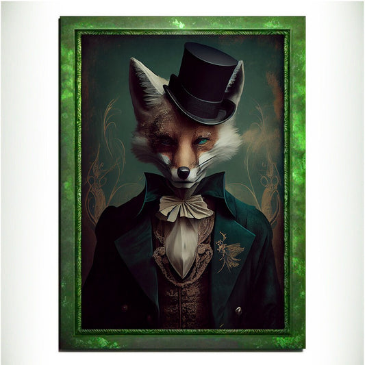 Green Fox Wall Art Print, Green Animal Lover Vintage Regal Art Poster. Victorian Fox Portrait Royal Painting Talented Fox Bar Art Pet Gift - Wall Art Poster Print