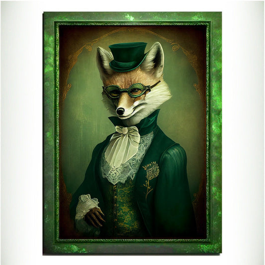 Green Fox Wall Art Print, Green Animal Lover Vintage Regal Art Poster. Victorian Fox Portrait Royal Painting Talented Fox Bar Art Pet Gift - Wall Art Poster Print