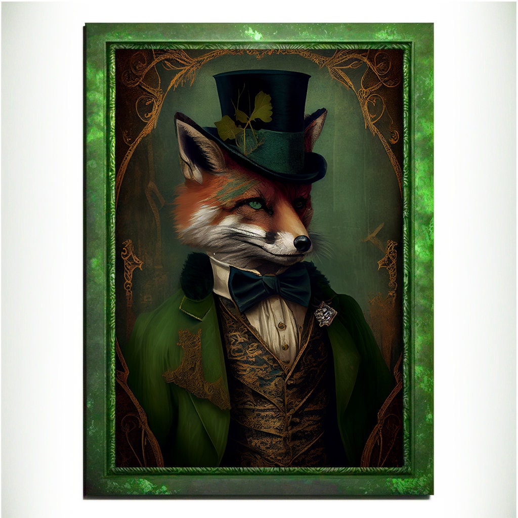 Green Fox Wall Art Print, Green Animal Lover Vintage Regal Art Poster. Victorian Fox Portrait Royal Painting Talented Fox Bar Art Pet Gift - Wall Art Poster Print