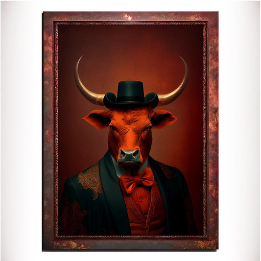 Orange Bull Wall Art Print, Animal Lover Vintage Regal Art Poster. Victorian Bull Bar Portrait Royal Painting Tango Orange Art Pet Gift - Wall Art Poster Print