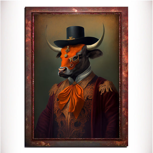 Orange Bull Wall Art Print, Animal Lover Vintage Regal Art Poster. Victorian Bull Bar Portrait Royal Painting Tango Orange Art Pet Gift - Wall Art Poster Print