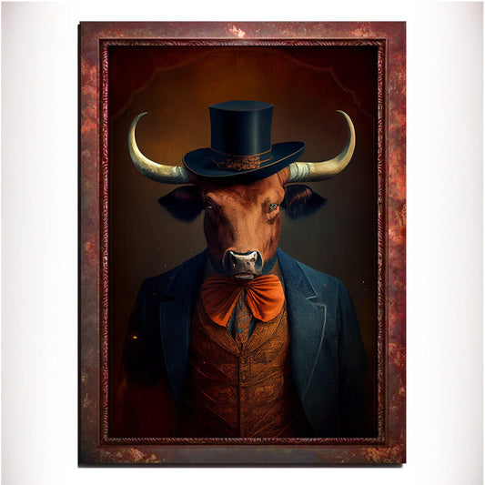 Orange Bull Wall Art Print, Animal Lover Vintage Regal Art Poster. Victorian Bull Bar Portrait Royal Painting Tango Orange Art Pet Gift - Wall Art Poster Print