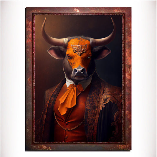 Orange Bull Wall Art Print, Animal Lover Vintage Regal Art Poster. Victorian Bull Bar Portrait Royal Painting Tango Orange Art Pet Gift - Wall Art Poster Print