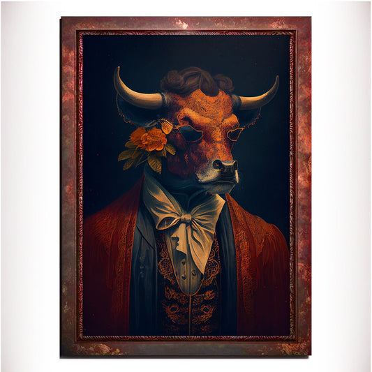 Orange Bull Wall Art Print, Animal Lover Vintage Regal Art Poster. Victorian Bull Bar Portrait Royal Painting Tango Orange Art Pet Gift - Wall Art Poster Print