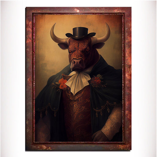 Orange Bull Wall Art Print, Animal Lover Vintage Regal Art Poster. Victorian Bull Bar Portrait Royal Painting Tango Orange Art Pet Gift - Wall Art Poster Print
