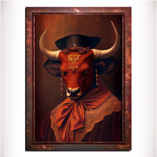 Orange Bull Wall Art Print, Animal Lover Vintage Regal Art Poster. Victorian Bull Bar Portrait Royal Painting Tango Orange Art Pet Gift - Wall Art Poster Print