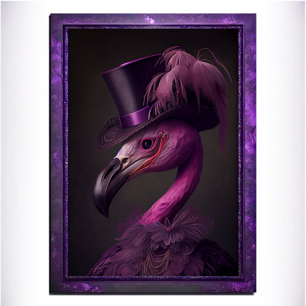 Purple Flamingo Wall Art Print, Animal Lover Vintage Regal Flamingo Art Poster Renaissance. Victorian Flamingo Portrait, Royal Painting Gift - Wall Art Poster Print