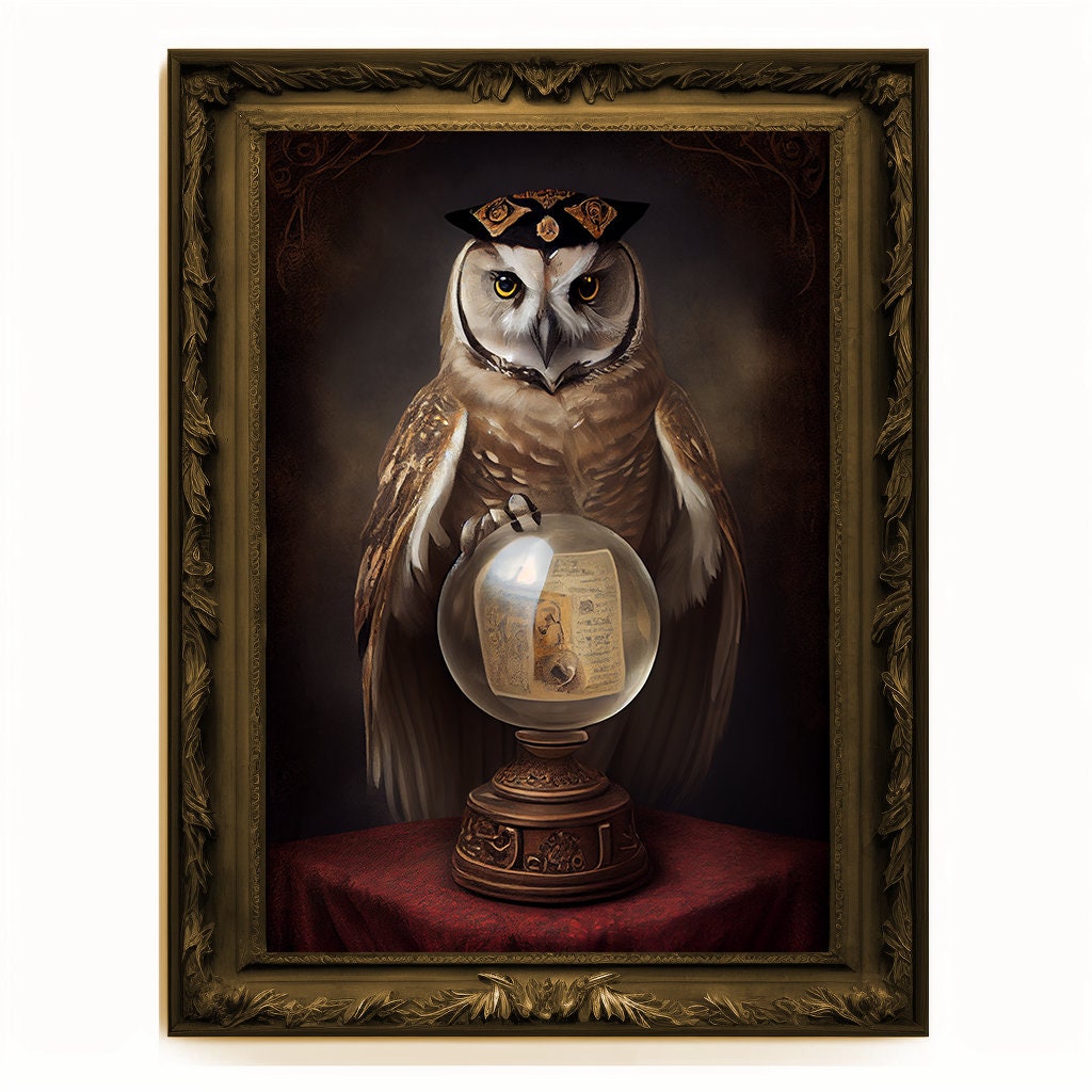 Crystal Ball Seer Owl Portrait, Owl Poster, Animal Painting, Altered Art, Magic Owl, Regal Vintage Art, Unique Prints, Pet Gift, Wizard Gift