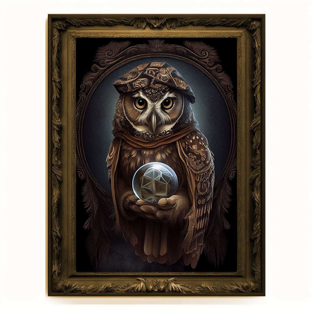 Crystal Ball Seer Owl Portrait, Owl Poster, Animal Painting, Altered Art, Magic Owl, Regal Vintage Art, Unique Prints, Pet Gift, Wizard Gift