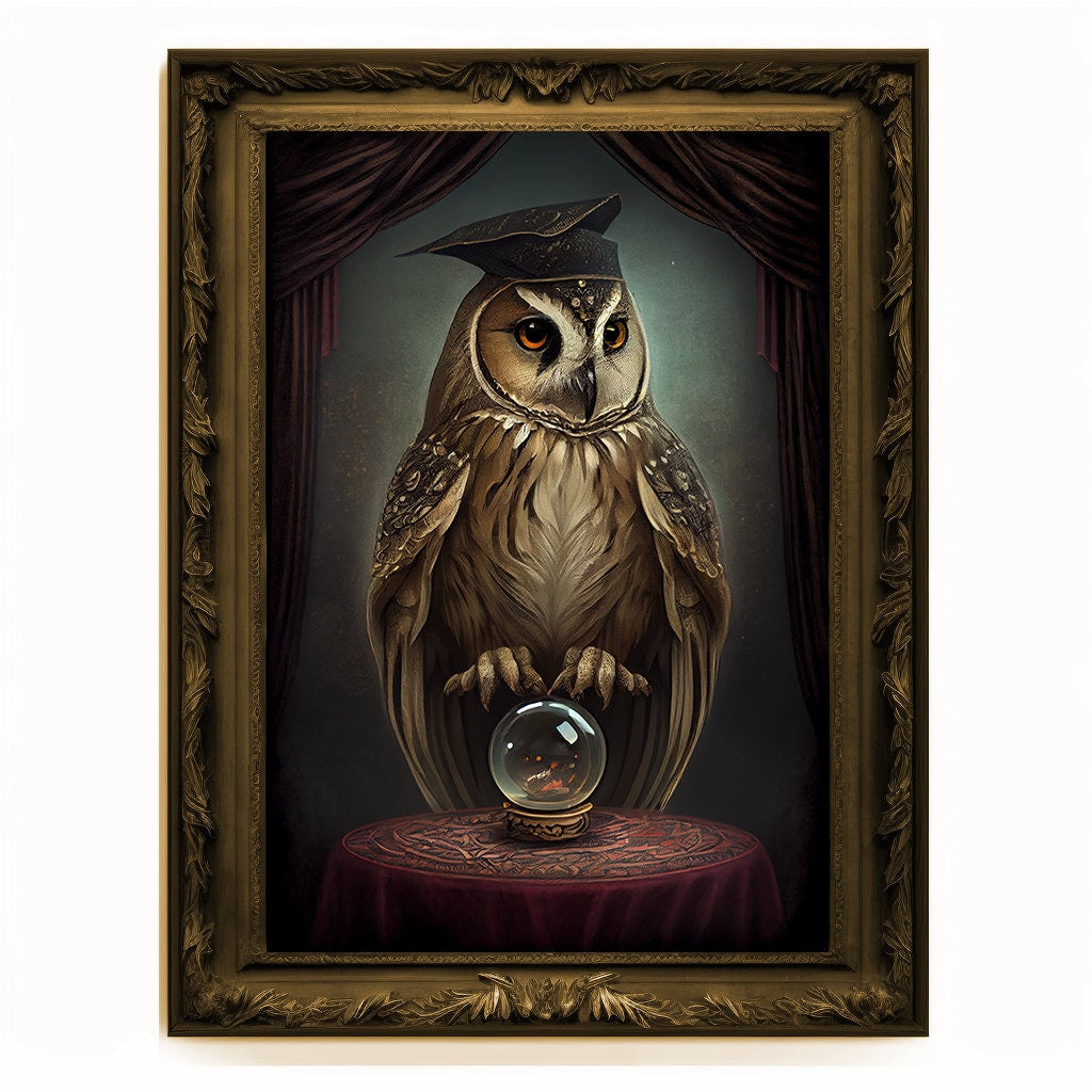 Crystal Ball Seer Owl Portrait, Owl Poster, Animal Painting, Altered Art, Magic Owl, Regal Vintage Art, Unique Prints, Pet Gift, Wizard Gift
