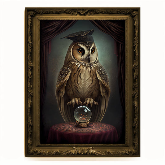 Crystal Ball Seer Owl Portrait, Owl Poster, Animal Painting, Altered Art, Magic Owl, Regal Vintage Art, Unique Prints, Pet Gift, Wizard Gift