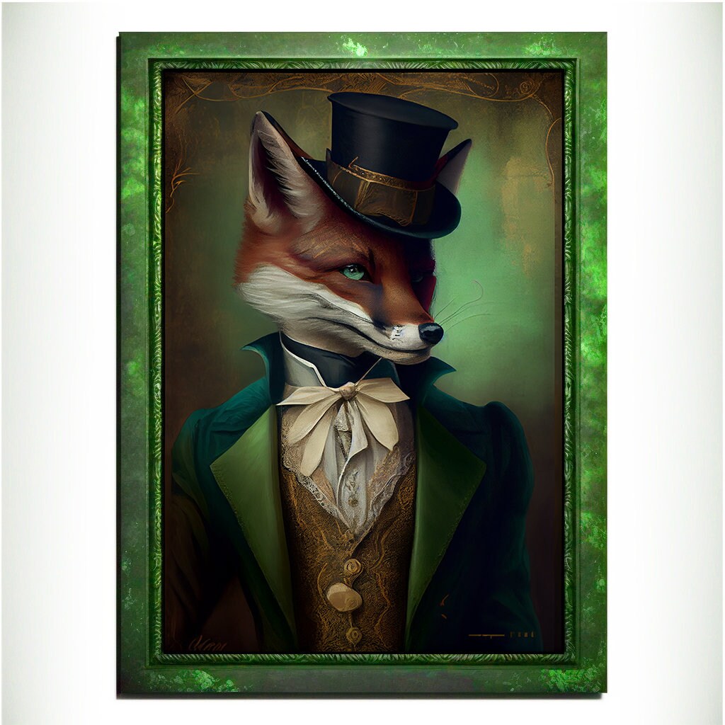 Green Fox Wall Art Print, Green Animal Lover Vintage Regal Art Poster. Victorian Fox Portrait Royal Painting Talented Fox Bar Art Pet Gift - Wall Art Poster Print