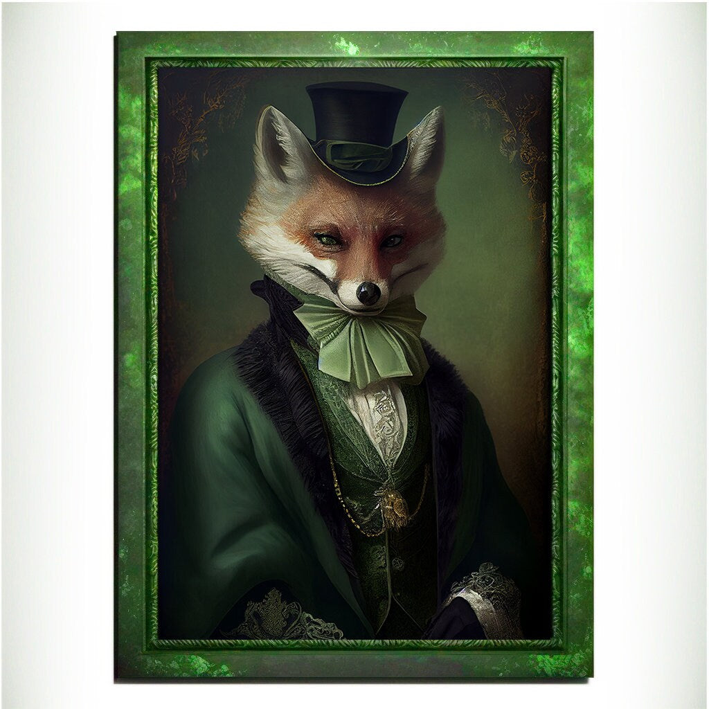 Green Fox Wall Art Print, Green Animal Lover Vintage Regal Art Poster. Victorian Fox Portrait Royal Painting Talented Fox Bar Art Pet Gift - Wall Art Poster Print