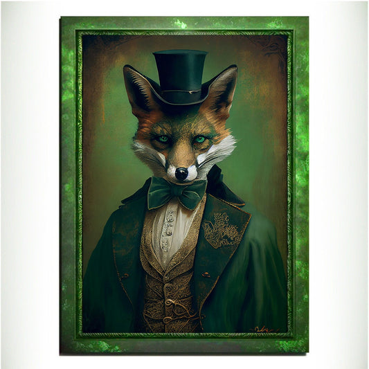 Green Fox Wall Art Print, Green Animal Lover Vintage Regal Art Poster. Victorian Fox Portrait Royal Painting Talented Fox Bar Art Pet Gift - Wall Art Poster Print