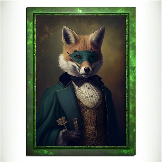 Green Fox Wall Art Print, Green Animal Lover Vintage Regal Art Poster. Victorian Fox Portrait Royal Painting Talented Fox Bar Art Pet Gift - Wall Art Poster Print