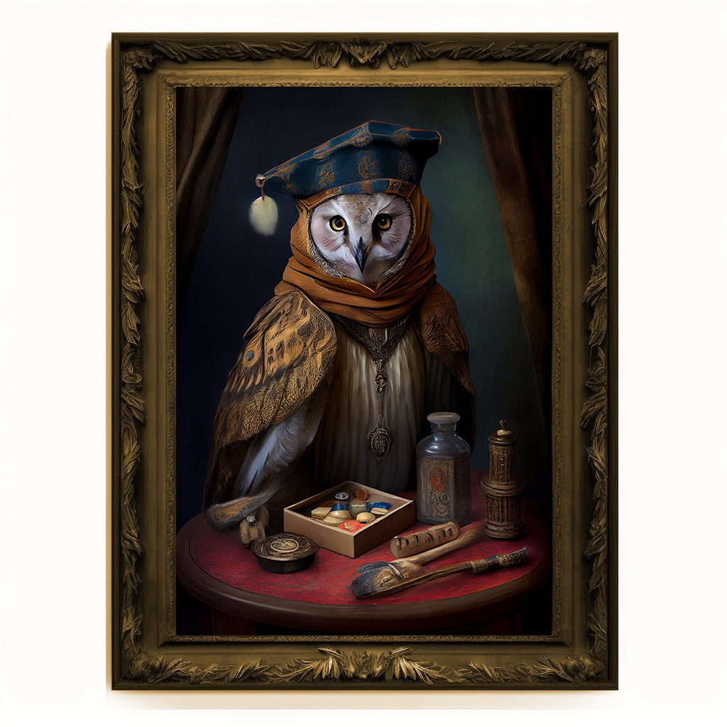 Prophet Owl, Fortune Teller Owl Portrait, Owl Poster, Animal Painting, Altered Art, Magic Owl, Regal Vintage Art, Unique Prints, Wizard Gift
