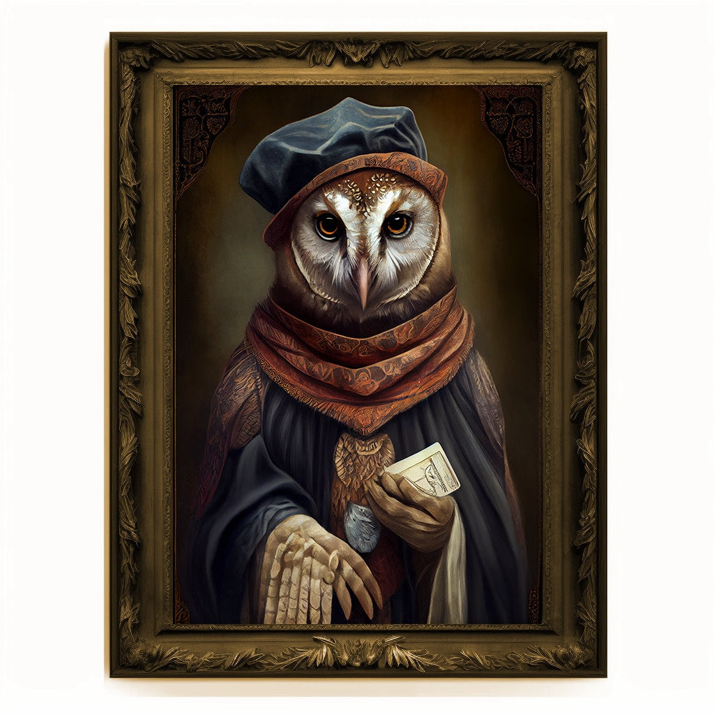 Prophet Owl, Fortune Teller Owl Portrait, Owl Poster, Animal Painting, Altered Art, Magic Owl, Regal Vintage Art, Unique Prints, Wizard Gift