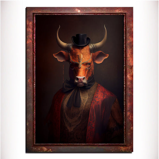 Orange Bull Wall Art Print, Animal Lover Vintage Regal Art Poster. Victorian Bull Bar Portrait Royal Painting Tango Orange Art Pet Gift - Wall Art Poster Print