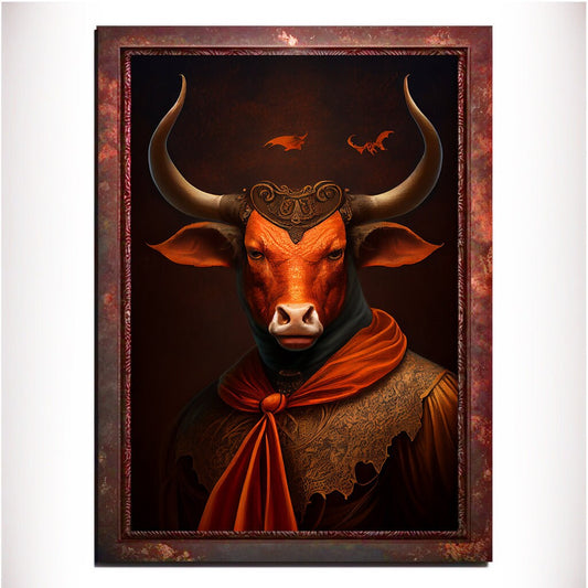 Orange Bull Wall Art Print, Animal Lover Vintage Regal Art Poster. Victorian Bull Bar Portrait Royal Painting Tango Orange Art Pet Gift - Wall Art Poster Print