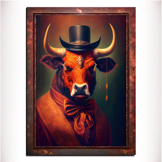 Orange Bull Wall Art Print, Animal Lover Vintage Regal Art Poster. Victorian Bull Bar Portrait Royal Painting Tango Orange Art Pet Gift - Wall Art Poster Print
