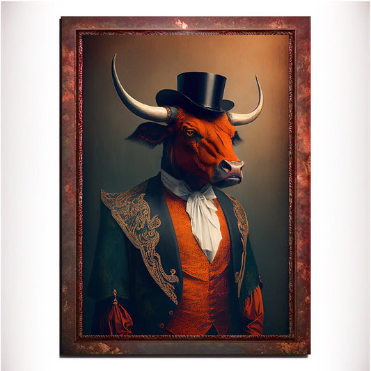 Orange Bull Wall Art Print, Animal Lover Vintage Regal Art Poster. Victorian Bull Bar Portrait Royal Painting Tango Orange Art Pet Gift - Wall Art Poster Print