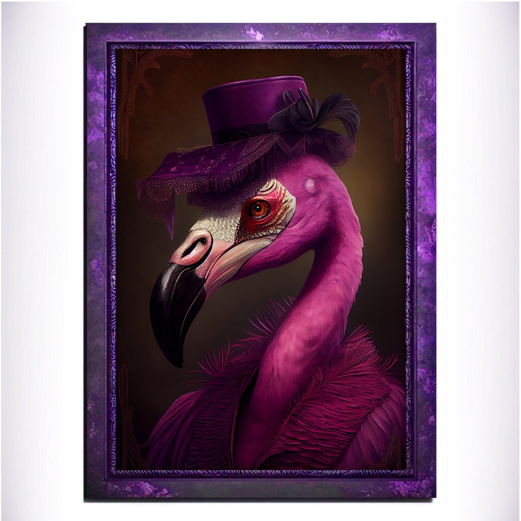 Purple Flamingo Wall Art Print, Animal Lover Vintage Regal Flamingo Art Poster Renaissance. Victorian Flamingo Portrait, Royal Painting Gift - Wall Art Poster Print