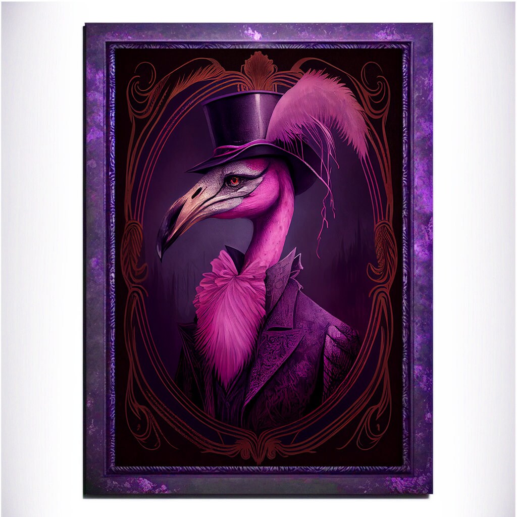 Purple Flamingo Wall Art Print, Animal Lover Vintage Regal Flamingo Art Poster Renaissance. Victorian Flamingo Portrait, Royal Painting Gift - Wall Art Poster Print
