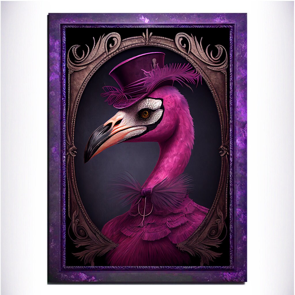 Purple Flamingo Wall Art Print, Animal Lover Vintage Regal Flamingo Art Poster Renaissance. Victorian Flamingo Portrait, Royal Painting Gift - Wall Art Poster Print