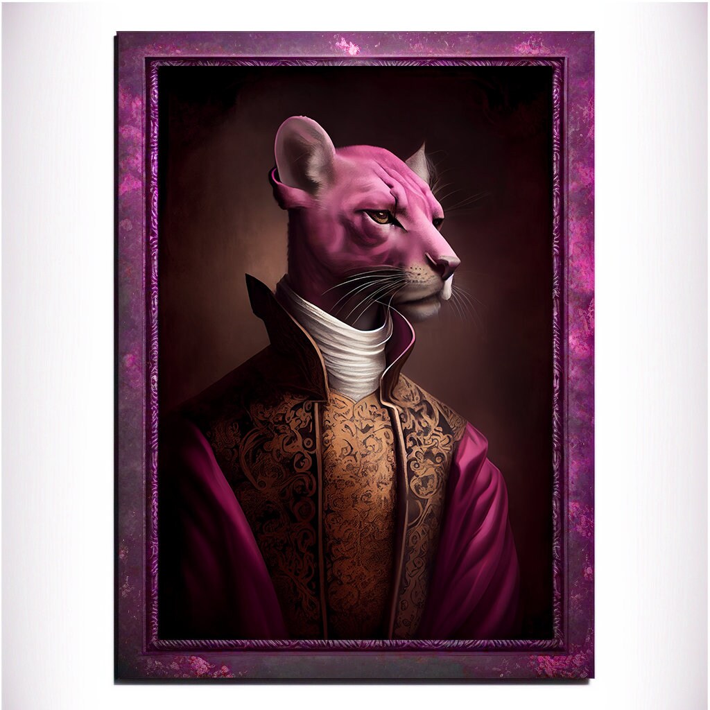 Pink Panther Wall Art Print, Pink Animal Lover Vintage Regal Art Poster. Victorian Pink Cat Portrait Royal Painting, Puma Pet Gift, Big Cat - Wall Art Poster Print