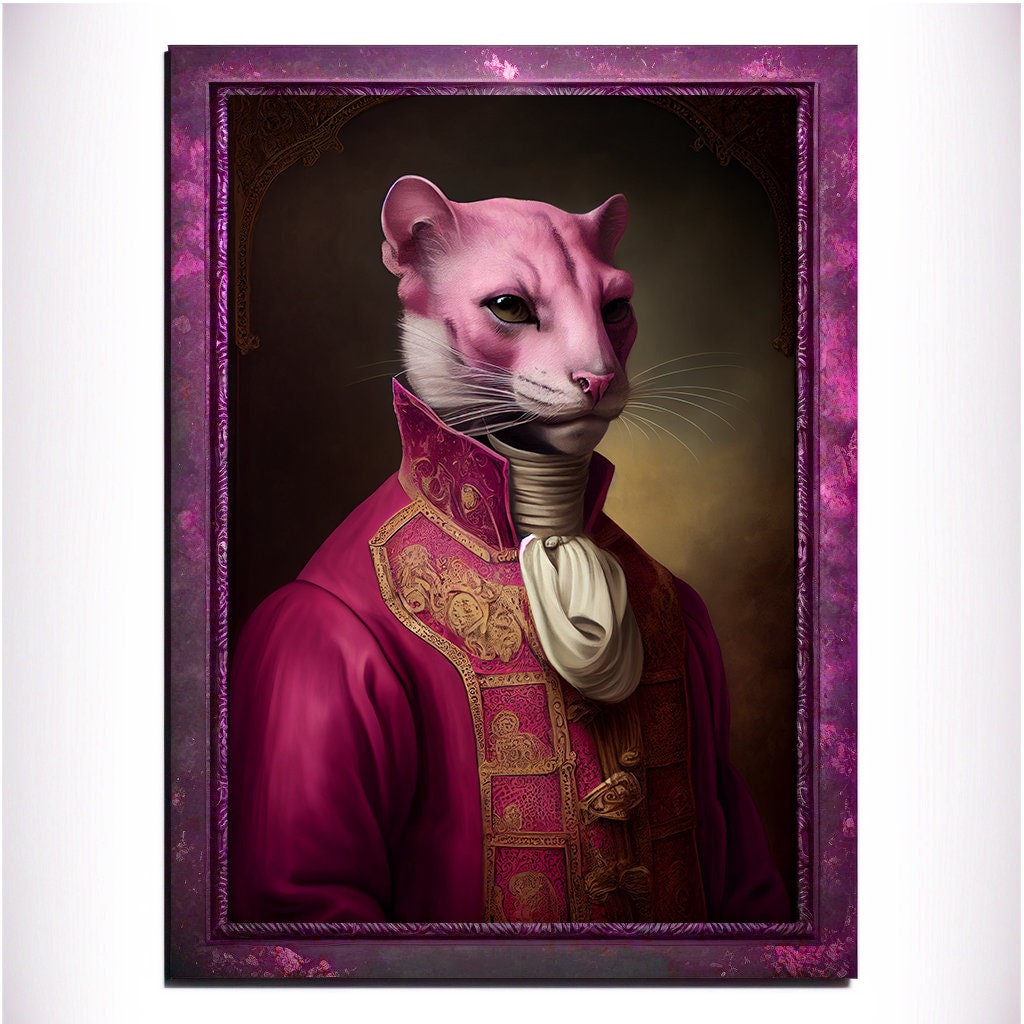 Pink Panther Wall Art Print, Pink Animal Lover Vintage Regal Art Poster. Victorian Pink Cat Portrait Royal Painting, Puma Pet Gift, Big Cat - Wall Art Poster Print