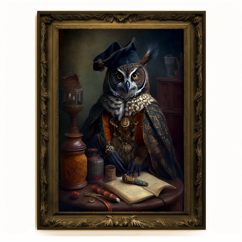 Prophet Owl, Fortune Teller Owl Portrait, Owl Poster, Animal Painting, Altered Art, Magic Owl, Regal Vintage Art, Unique Prints, Wizard Gift