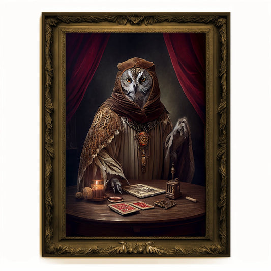 Prophet Owl, Fortune Teller Owl Portrait, Owl Poster, Animal Painting, Altered Art, Magic Owl, Regal Vintage Art, Unique Prints, Wizard Gift