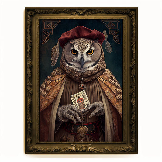 Prophet Owl, Fortune Teller Owl Portrait, Owl Poster, Animal Painting, Altered Art, Magic Owl, Regal Vintage Art, Unique Prints, Wizard Gift