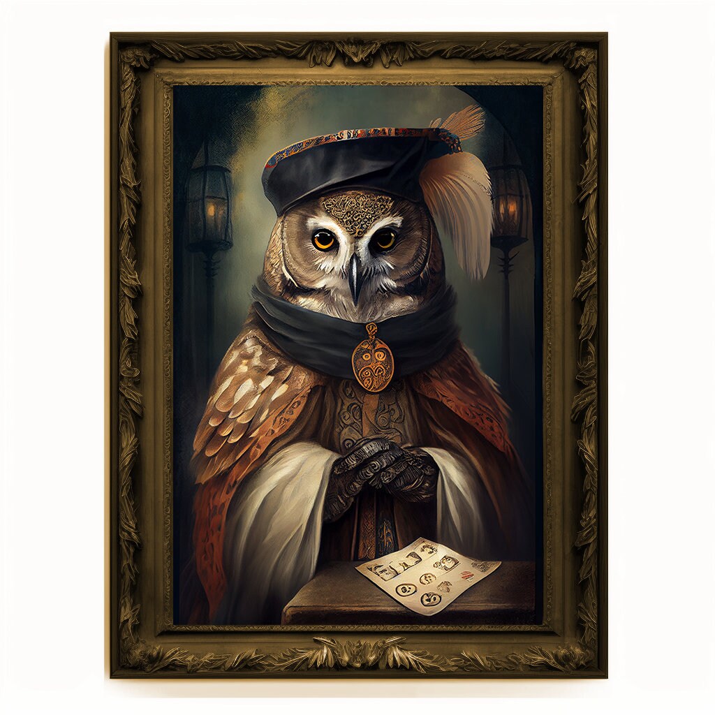 Prophet Owl, Fortune Teller Owl Portrait, Owl Poster, Animal Painting, Altered Art, Magic Owl, Regal Vintage Art, Unique Prints, Wizard Gift