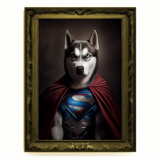 Superhero Husky Portrait, Animal Wolf Painting, Altered Art, Bar Room Poster, Regal Vintage Artwork, Unique Art Prints, Funny Dog Gift