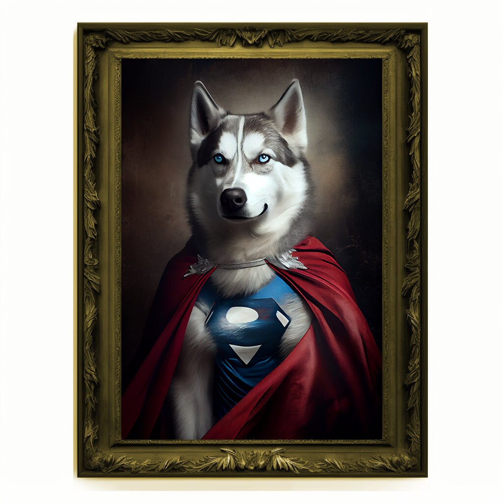 Superhero Husky Portrait, Animal Wolf Painting, Altered Art, Bar Room Poster, Regal Vintage Artwork, Unique Art Prints, Funny Dog Gift