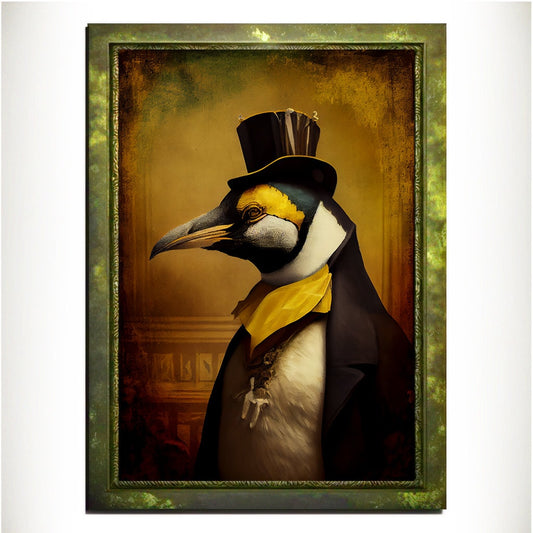 Yellow Penguin Wall Art Print, Animal Lover Vintage Regal Penguin Art Poster Renaissance. Victorian Penguin Portrait, Royal Painting Gift - Wall Art Poster Print